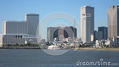 Cityscape of the New Orleans Skyline and Natchez Riverboat Along the Mighty Mississippi River Editorial Stock Photo