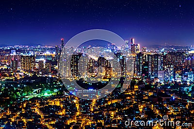 Cityscape at night in Seoul, South Korea Stock Photo