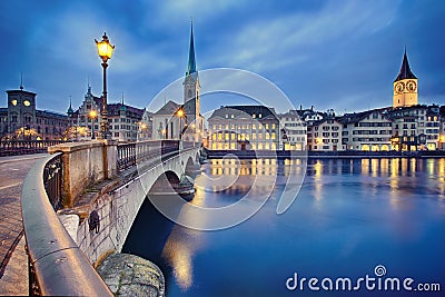 Cityscape of night Zurich, Switzerland Stock Photo