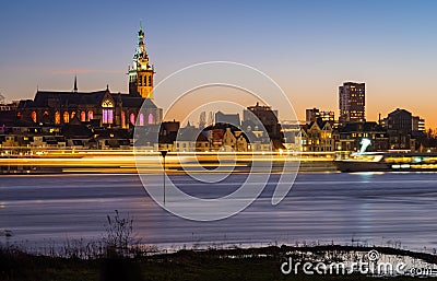 Cityscape of Nijmegen, Province Gelderland, The Netherlands, view of river Waal and Steven's Church, long exposure Stock Photo