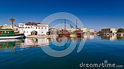 Cityscape of the old venetian harbor at morning, city of Rethymno, Crete Editorial Stock Photo