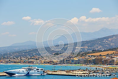Cityscape of the old venetian harbor in Rethymno, Greece Editorial Stock Photo