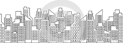 Cityscape outline, city houses seamless border, urban multi-story buildings silhouette, town frame background, black and white Vector Illustration