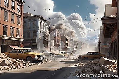 Cityscape Overwhelmed by an Avalanche of Boulders Plummeting from the Sky: Crushing Buildings Beneath the Unstoppable Force Stock Photo