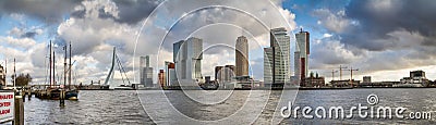 Cityscape, panorama, banner - view of the moored sailboats on a background of skyscrapers district Feijenoord city of Rotterdam an Editorial Stock Photo