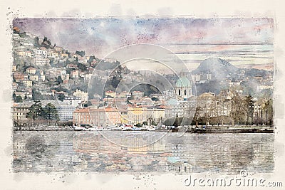 The city of Como on Lake Como in Lombardy Italy. Watercolor Illustration. Cartoon Illustration