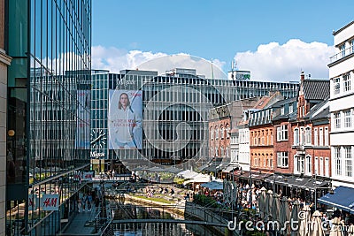 Cityscape with passing people and buildings. Summer city Aarhus, Denmark Editorial Stock Photo