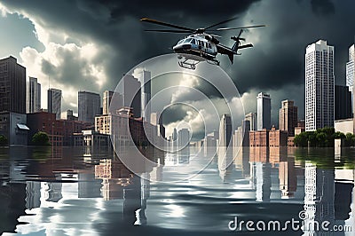 Cityscape in Peril: Panoramic View of a Turbulent Flood Partially Submerging the Urban Landscape - Besieged Skyscrapers Reflecting Stock Photo