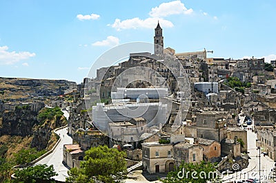 Cityscape of the picturesque old town of Matera Sassi di Matera with the characteristics ancient tuff houses. Matera is also UNE Stock Photo