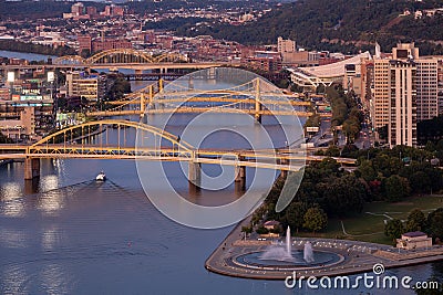 Cityscape of Pittsburgh and Evening Light. Fort Duquesne Bridge Editorial Stock Photo