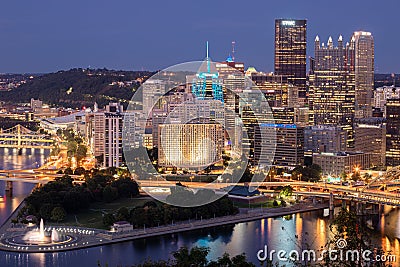 Cityscape of Pittsburgh and Evening Light. Fort Pitt Bridge Editorial Stock Photo