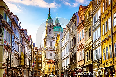 Cityscape of Prague with medieval towers and colorful buildings. Editorial Stock Photo