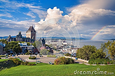 Cityscape of Quebec and St. Lawrence River, On a cloudy sunny day, with rainbow in the background. Concept of travel. Canada Stock Photo