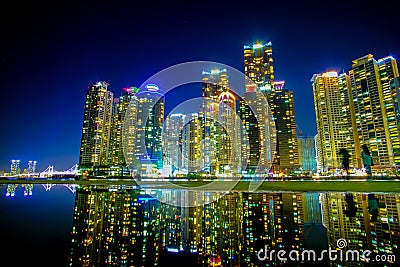 Cityscape with reflection at Haeundae beach in Busan South Korea Editorial Stock Photo