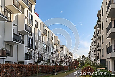 Cityscape of a residential area with modern apartment buildings, new green urban landscape in the city Stock Photo