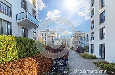 Cityscape of a residential area with modern apartment buildings, new sustainable urban landscape in the city Stock Photo