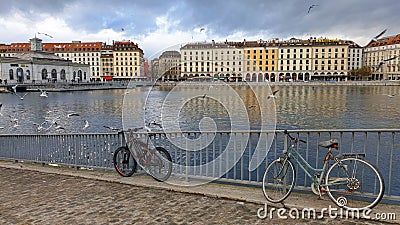 Cityscape with retro bikes, Geneva, Switzerland Stock Photo