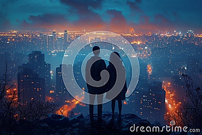 Cityscape romance Silhouetted couple on cliff admiring city skyline together Stock Photo