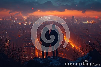 Cityscape romance Silhouetted couple on cliff admiring city skyline together Stock Photo