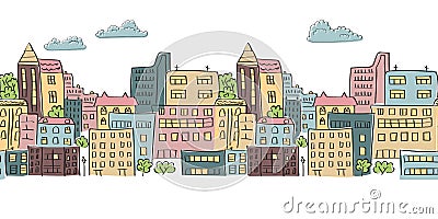 Cityscape seamless pattern for your design. Doodle colorful city Vector Illustration