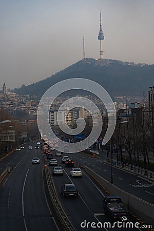 Cityscape of Seoul Namsan Tower from Noksapyeong Bridge near Itaewon street during winter morning at Yongsan-gu , Seoul South Editorial Stock Photo