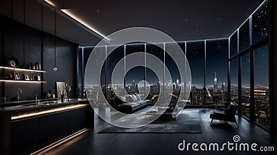 Cityscape Serenity: Luxury Apartment with Dark Interiors and Cinematic Vibes Stock Photo