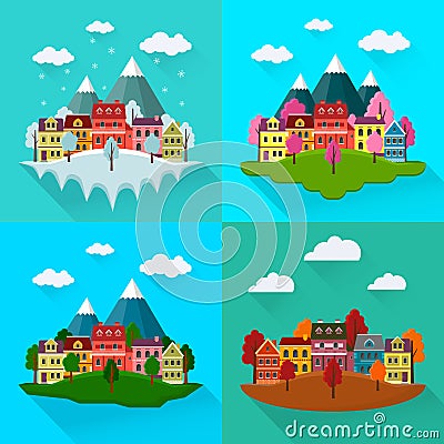 Cityscape set: spring, autumn, summer, winter. Vector Illustration