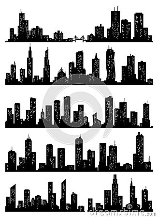 Cityscape silhouette collection. City buildings, night town and horizontal urban panorama silhouettes set. Skyline with Vector Illustration