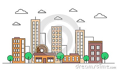 Cityscape skyline landscape design facade with buildings, donut shop cafe, scyscrapers, trees, clouds. Vector Vector Illustration