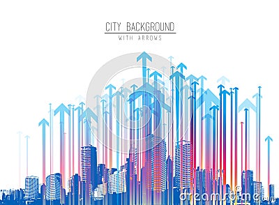 Cityscape with skyscrapers and colorful arrow pattern. Vector Illustration