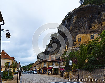 Cityscape of street Av. of the Prehistoric at the town of Les Eyzies France Editorial Stock Photo