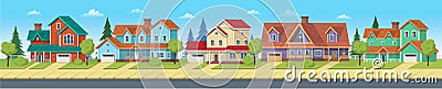 Cityscape with suburban houses, cottages and villas. Vector cartoon illustration for games or animation. Layered background Vector Illustration