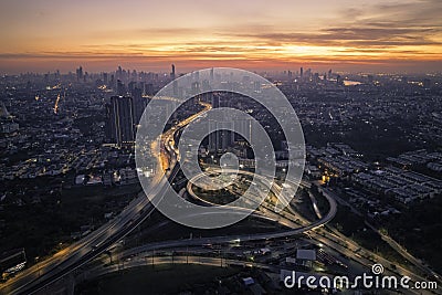 Cityscape sunrise from bird eye view with dramatic cloud Editorial Stock Photo