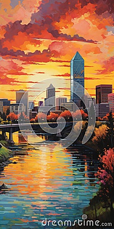 Autumn Sunset Over Portland: A Vibrant And Lively Painting In The Style Of Bill Brauer Stock Photo