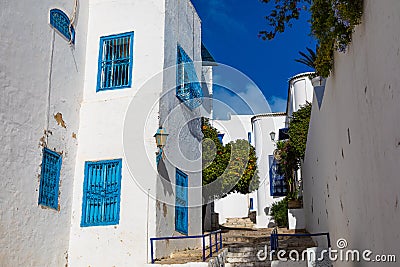 Cityscape with typical white blue colored houses in resort town Sidi Bou Said. Tunisia, North Africa Editorial Stock Photo