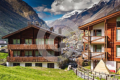 Cityscape Valley Old Town Scenery of Zermatt City, Switzerland, Landscape Architecture Building of Swiss Traditional Against Alps Stock Photo