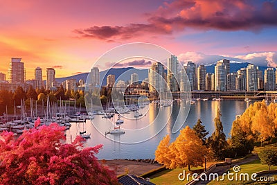 Cityscape of Vancouver, British Columbia, Canada. Panoramic view of Vancouver waterfront at sunset,m Beautiful view of Vancouver, Stock Photo