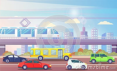 Cityscape with Transport Cars and Train Urban City Vector Illustration