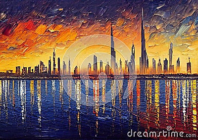 Cityscape view colorful oil knife painting Stock Photo
