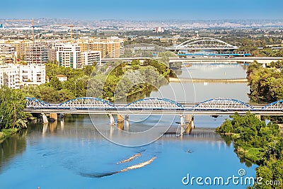 cityscape view on Ebro river with bridges , from tower of Cathedral Del Pilar Editorial Stock Photo