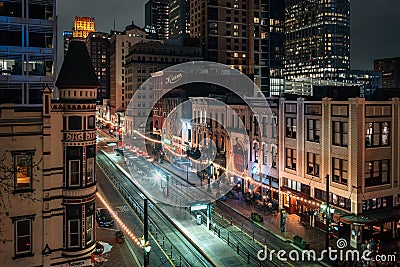 Cityscape view of Main Street at night, in Houston, Texas Editorial Stock Photo