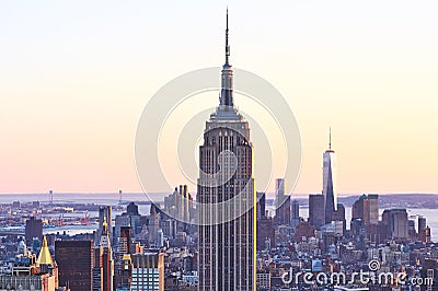 Cityscape view of Manhattan with Empire State Building at sunset Editorial Stock Photo