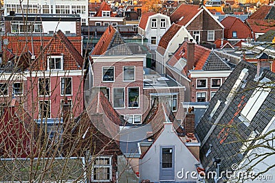 Cityscape - view of the red roofs city of Leiden at sunset time Stock Photo