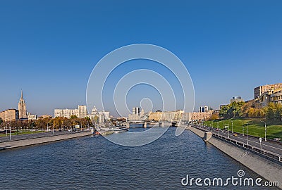 View from Rostovskaya embankment of the Moskva River embankment, buildings and bridges. Moscow. Russia Stock Photo