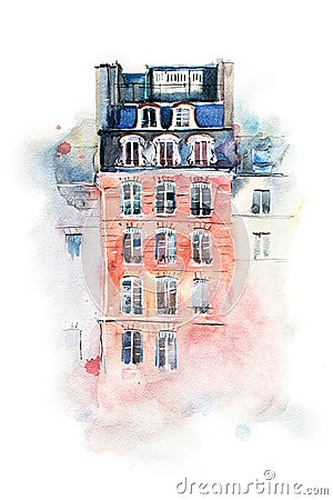 Cityscape watercolor drawing, hand drawn aquarelle painting. Stock Photo