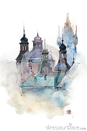 Cityscape watercolor drawing, hand drawn aquarelle painting. Stock Photo