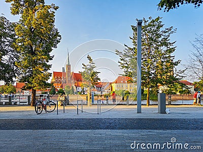 Cityscape of Wroclaw boulevard with cathedrals in backgrounds at sunny day Editorial Stock Photo