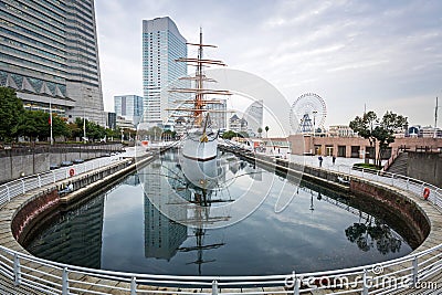 Cityscape of Yokohama with sailing ship Editorial Stock Photo