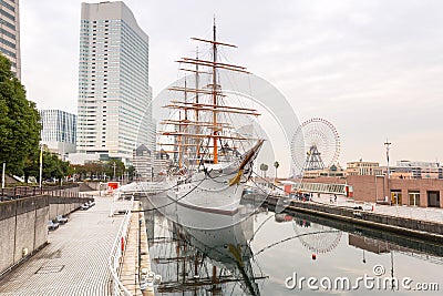 Cityscape of Yokohama with sailing ship Stock Photo