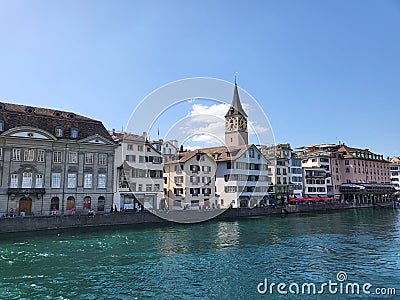 Cityscape of Zurich city centre, view from Munsterbrucke bridge. Editorial Stock Photo